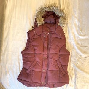 Burgundy puffer vest with hood fur lining